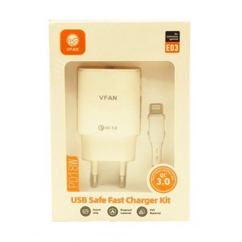 6971952432536 VFAN ΦΟΡΤΙΣΤΗΣ ΤΑΧΕΙΑΣ ΦΟΡΤΙΣΗΣ USB PD18W ΜΕ ΚΑΛΩΔΙΟ E03 LIGHTNING ΛΕΥΚΟΣ