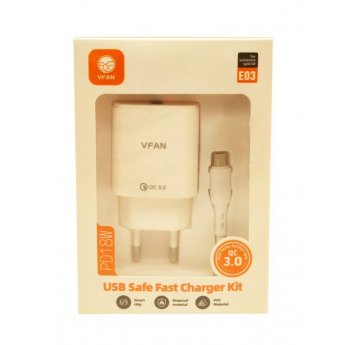 6971952432529 VFAN ΦΟΡΤΙΣΤΗΣ ΤΑΧΕΙΑΣ ΦΟΡΤΙΣΗΣ USB PD18W ΜΕ ΚΑΛΩΔΙΟ E03 MICRO KIT ΛΕΥΚΟΣ