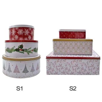 93-3037 Κουτιά μεταλλικά xmas σχέδια σετ-3 τεμ S1-στρογγυλά Φ25x10cm-Φ22x9cm-Φ17x8cm. S2-ορθογώνια 26x18x9cm-20x14x8cm-15x10x4cm