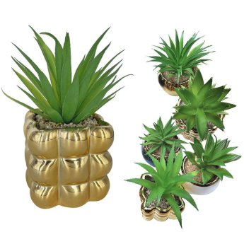 22-3020 Γλάστρα Πορσελάνης Τετράγωνη Χρυσή με Φυτό 14x7.5cm