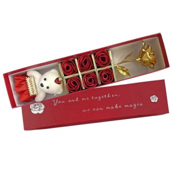 22-3055 Κουτί Μακρόστενο με Αρκούδο. Τριαντάφυλλα Κόκκινα ΚΑΙ Χρυσό 33x7x5cm