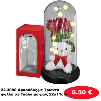 22-3090 Αρκούδος με Τριαντάφυλλο σε Γυάλα με φως 22x11cm