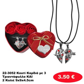 22-3052 Κουτί Καρδιά με 3 Τριαντάφυλλα ΚΑΙ 2 Κολιέ 9x9x4.5cm