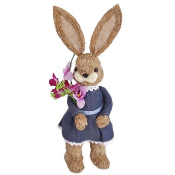 73-2280 Λαγουδίνα Όρθια Ψάθινη με Μπλε Φόρεμα Κρατάει Λουλούδια 50x15x14cm