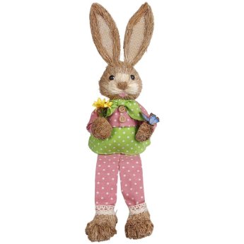 73-2284 Λαγός Όρθιος Ψάθινος ροζ Πουά Παντελόνι Κρατάει Λουλούδια 44x13x11cm