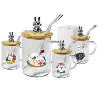 73-2219 Κούπα με Καλαμάκι Γυάλινη Κλείνει με Ξύλο Happy Rabbit 10x8cm 400ml