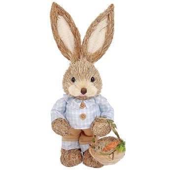 73-2163 Λαγός Όρθιος Ψάθινος Γαλάζιο Πουκάμισο Κρατάει Καλάθι 33x13x11cm