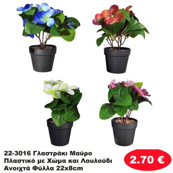 22-3016 Γλαστράκι Μαύρο Πλαστικό με Χώμα και Λουλούδι Ανοιχτά Φύλλα 22x8cm