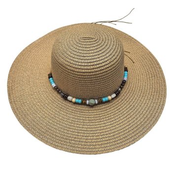 42-3143 Καπέλο Ψαθόχαρτο Μεγάλο με Μπλε Πετράδια Μπεζ o42cm