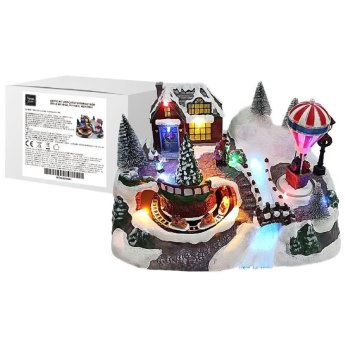 93-4282 Χωριό με Αερόστατο Παράσταση Xmas με Φώς. Κίνηση. Μουσική 31x20x19cm