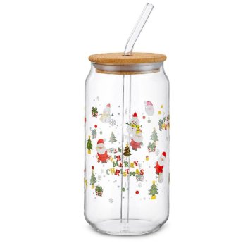 93-4264 Ποτήρι Γυαλί Borosilicate Xmas με Καπάκι. Καλαμάκι 15x6cm 550ml